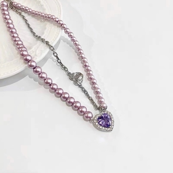 NEW Purple Pearl Heart Pendant Necklace Choker - Picture 3 of 5
